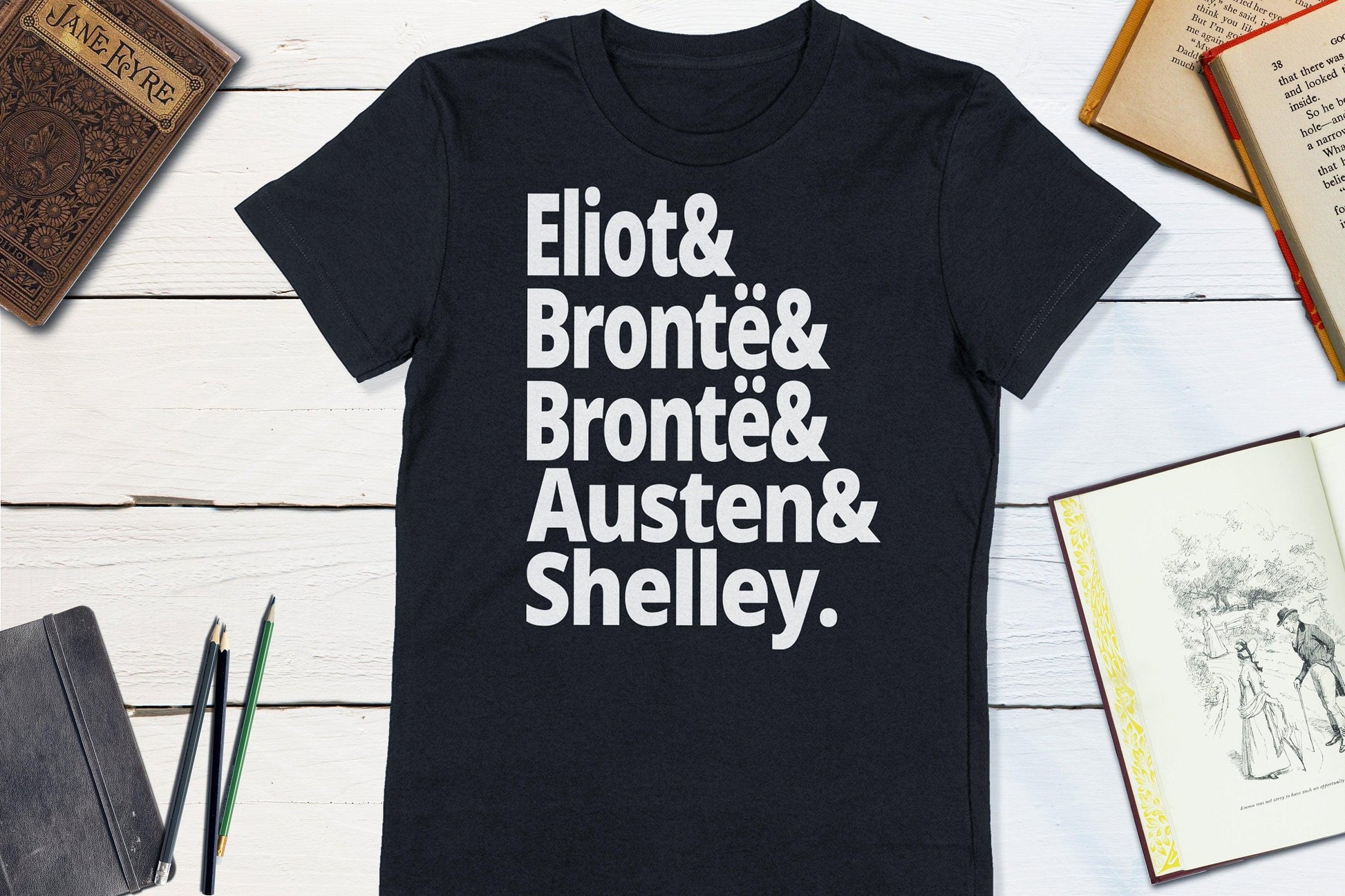 18th Century British Authors - Eliot Bronte Bronte Austen Shelley-Women's T-shirt-Yesteeyear