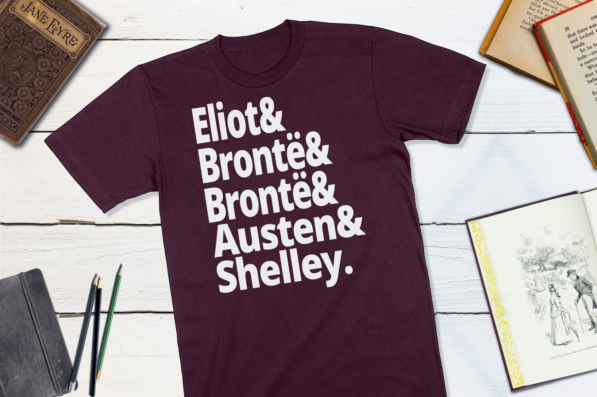 18th Century British Authors - Eliot Bronte Bronte Austen Shelley-Unisex T-shirt-Yesteeyear