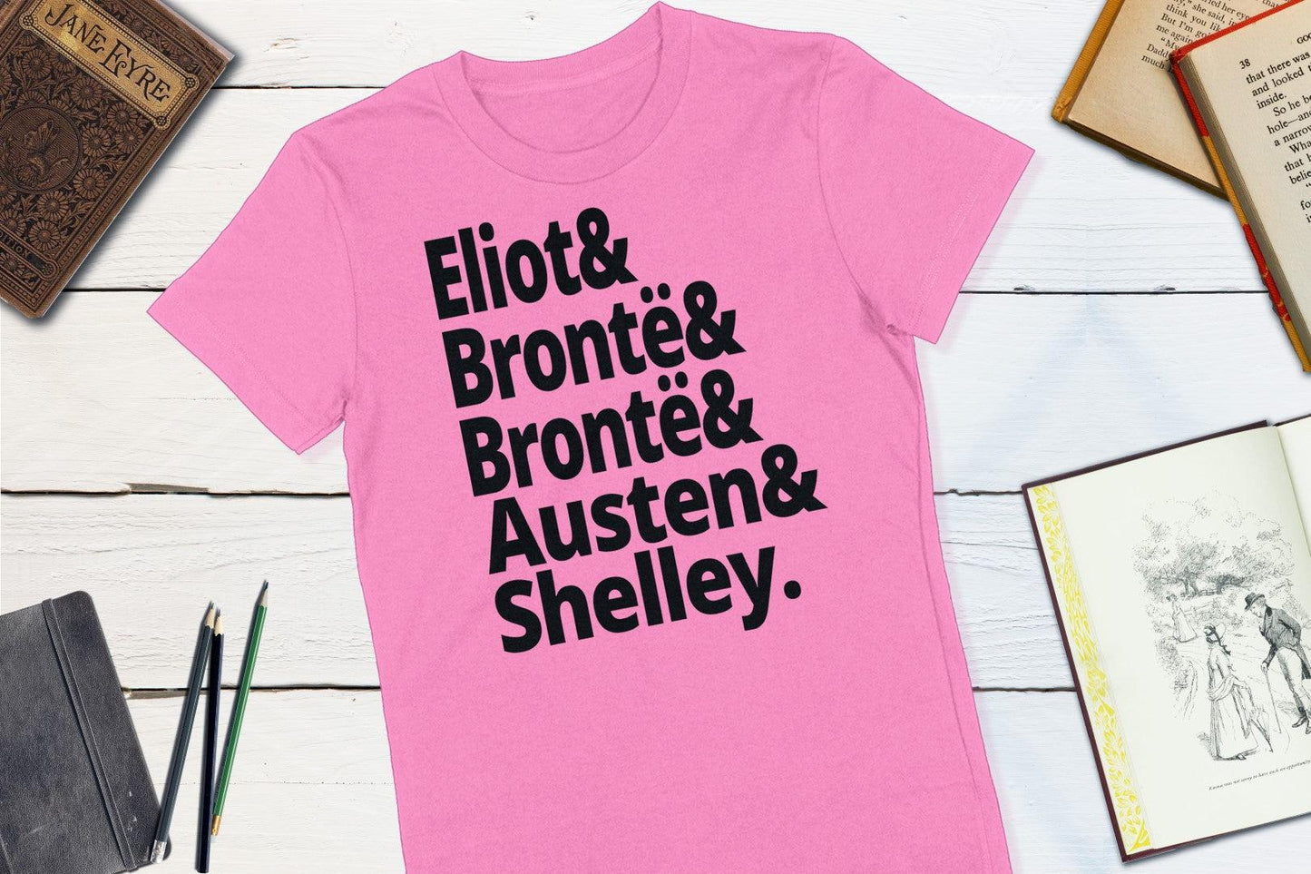 18th Century British Authors - Eliot Bronte Bronte Austen Shelley-Women's T-shirt-Yesteeyear