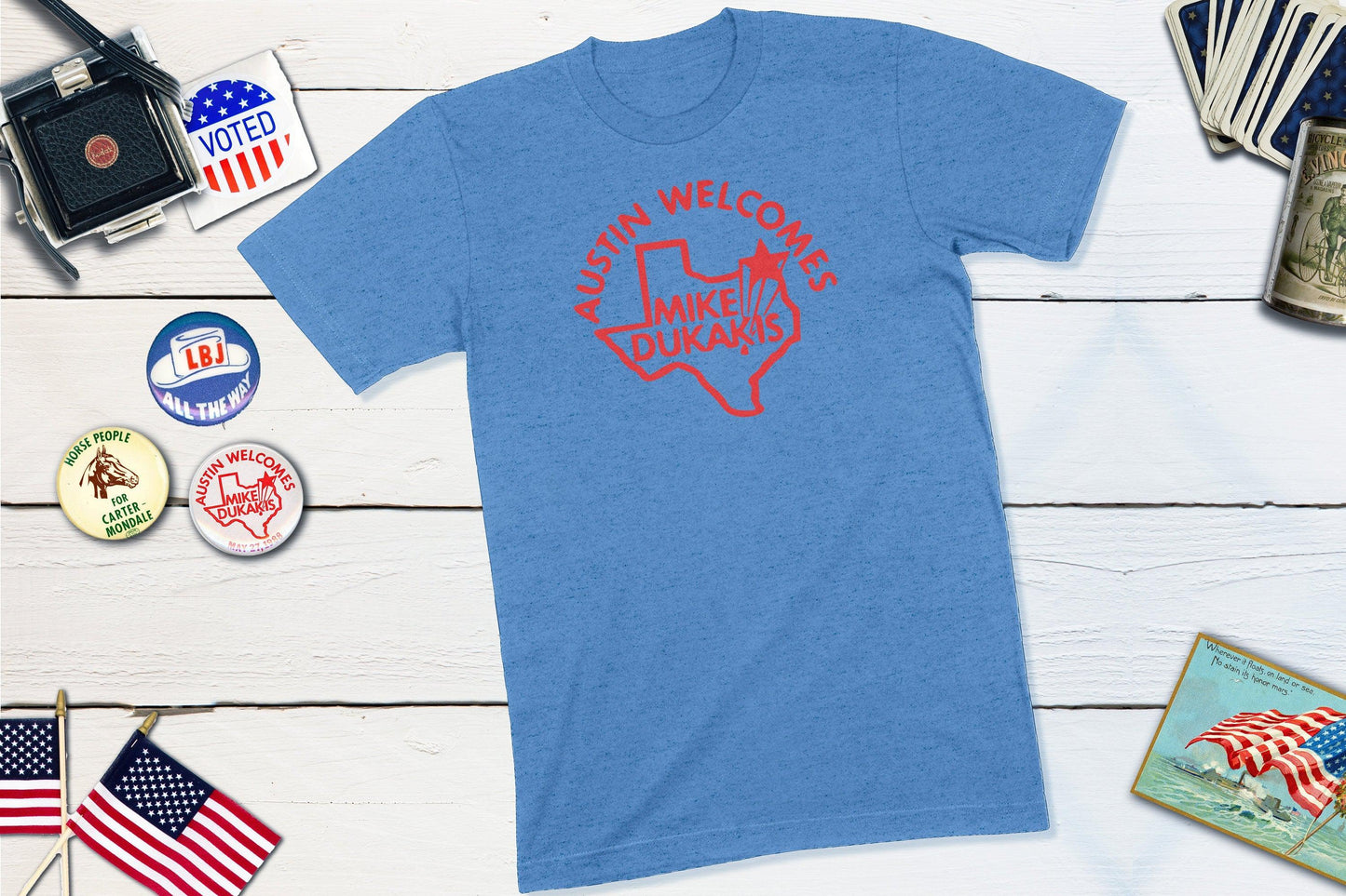 Austin Welcomes Mike Dukakis Democrat Political Campaign Button-Unisex T-shirt-Yesteeyear