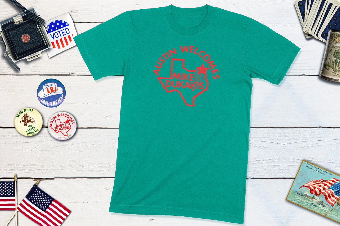 Austin Welcomes Mike Dukakis Democrat Political Campaign Button-Unisex T-shirt-Yesteeyear