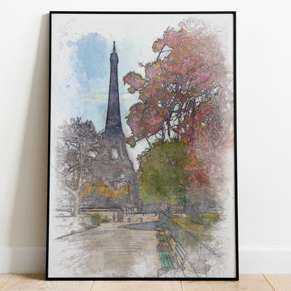 Eiffel Tower Paris in Spring Watercolor Poster-Poster-Yesteeyear