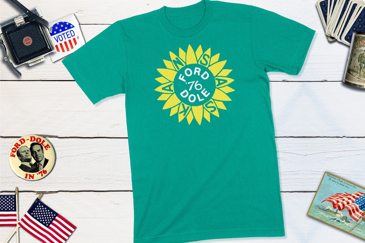 Gerald Ford & Bob Dole 1976 Kansas Political Election Campaign Button-Unisex T-shirt-Yesteeyear