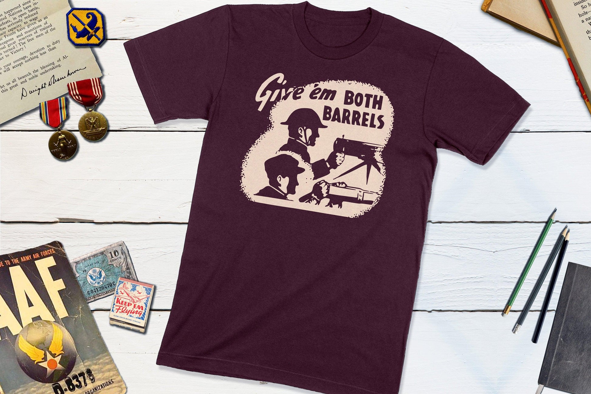 Give' Em Both Barrels WWII Vintage Matchbook-Unisex T-shirt-Yesteeyear