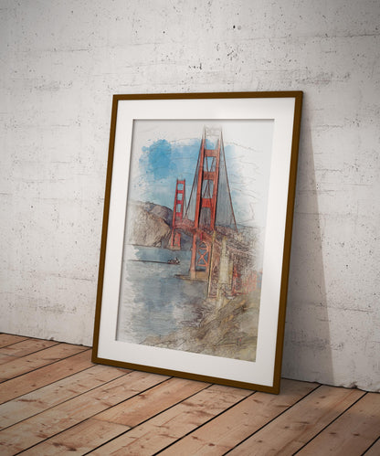 Golden Gate Bridge San Francisco California Watercolor Poster-Poster-Yesteeyear