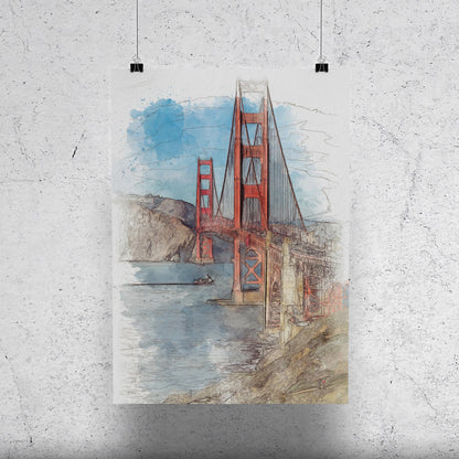 Golden Gate Bridge San Francisco California Watercolor Poster-Poster-Yesteeyear