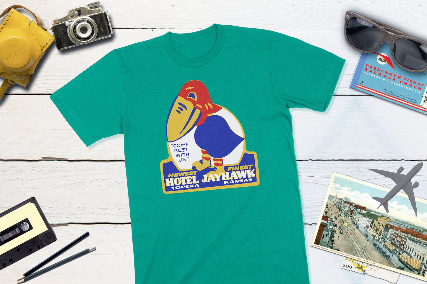 Hotel Jayhawk - Topeka Kansas Vintage Travel Sticker-Unisex T-shirt-Yesteeyear
