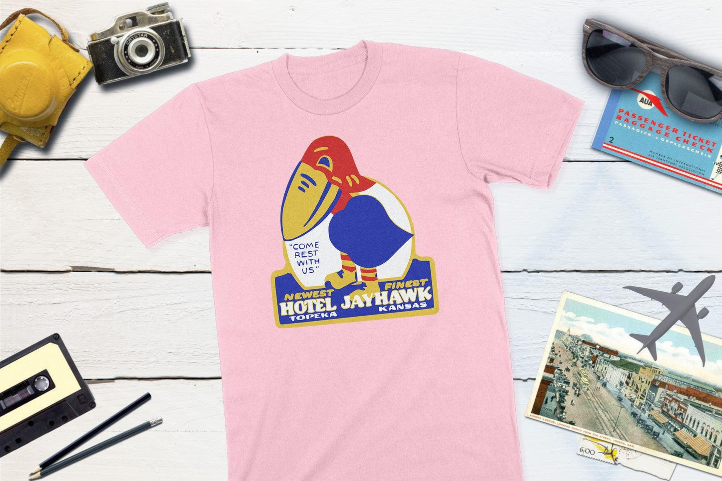 Hotel Jayhawk - Topeka Kansas Vintage Travel Sticker-Unisex T-shirt-Yesteeyear