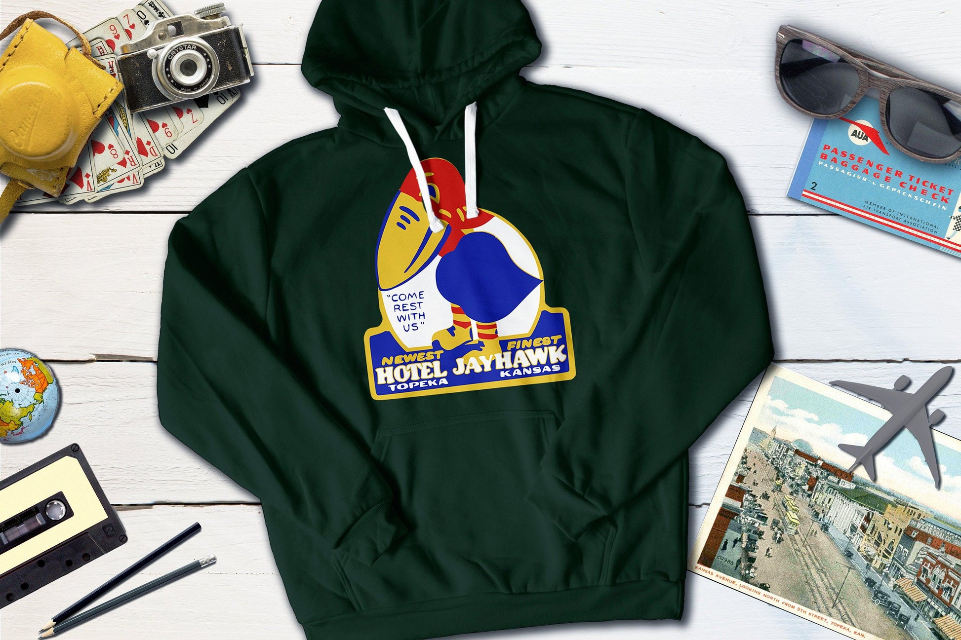 Hotel Jayhawk - Topeka Kansas Vintage Travel Sticker Hoodie-Hooded Sweatshirt-Yesteeyear
