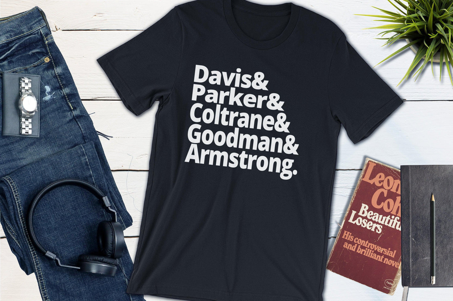 Jazz Masters - Davis, Parker, Coltrane, Goodman and Armstrong-Unisex T-shirt-Yesteeyear