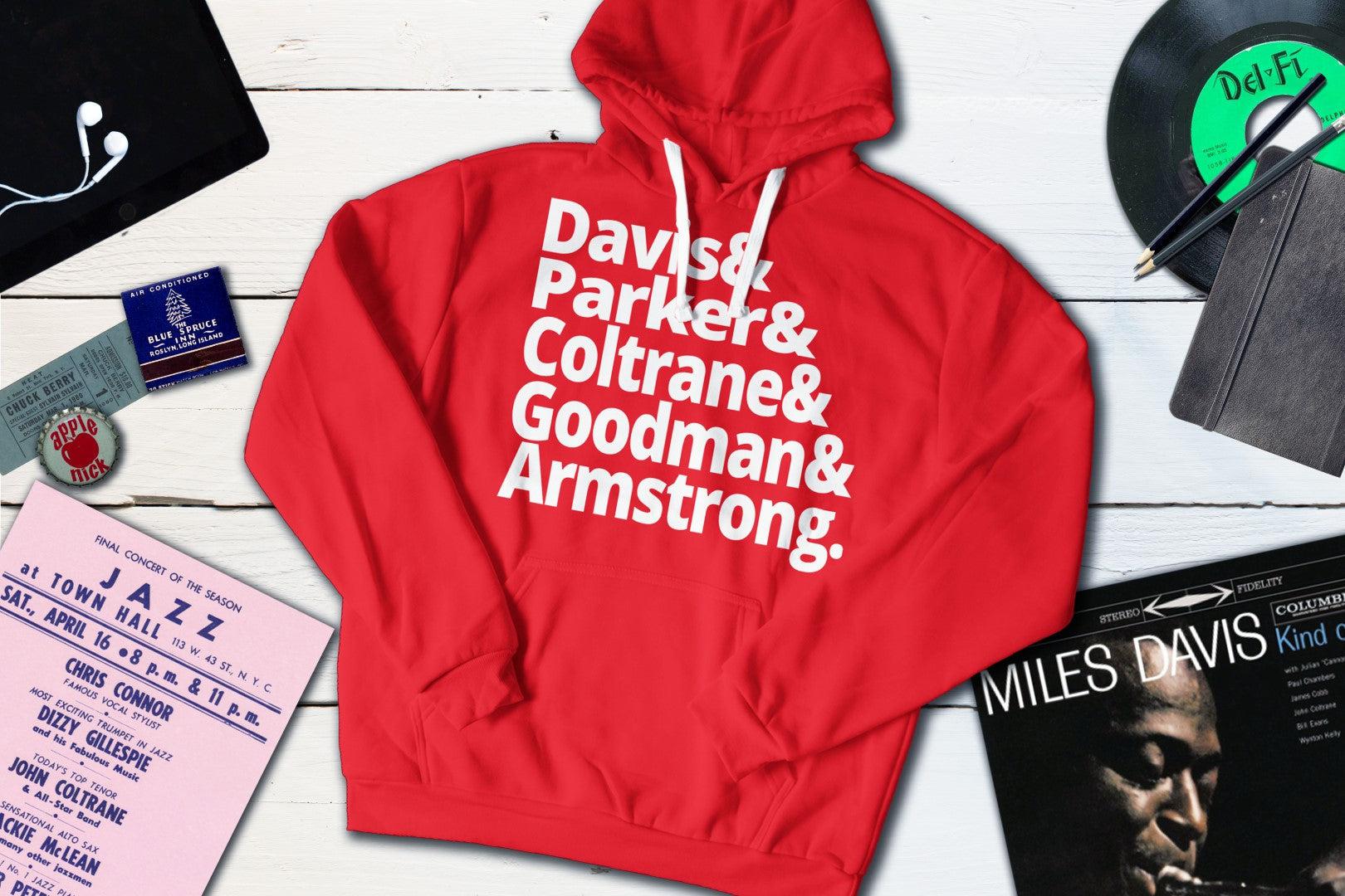 Jazz Masters - Davis, Parker, Coltrane, Goodman and Armstrong-Hooded Sweatshirt-Yesteeyear