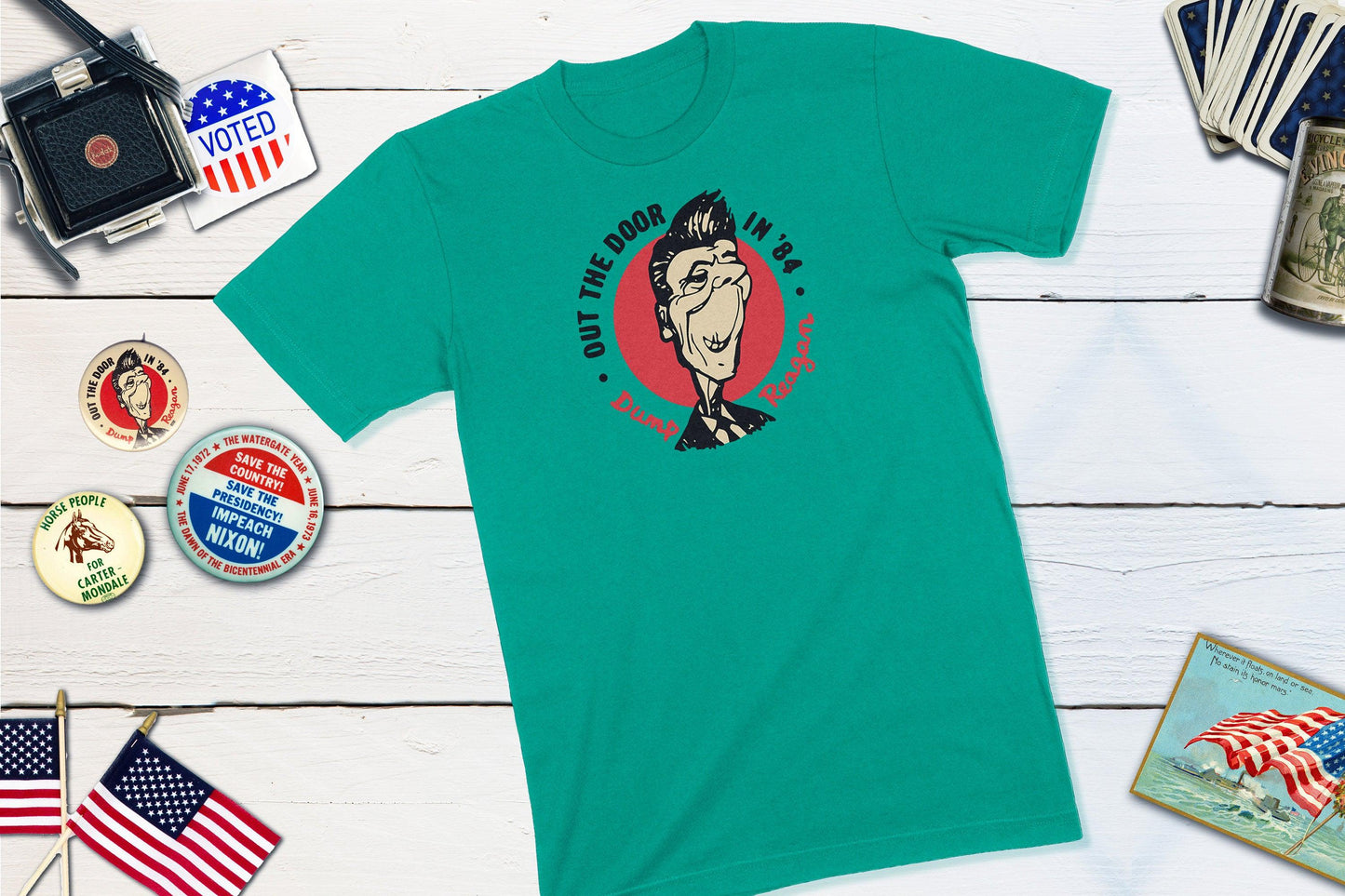 Out The Door In '84 - Dump Reagan - Anti-Reagan Vintage Political Button-Unisex T-shirt-Yesteeyear