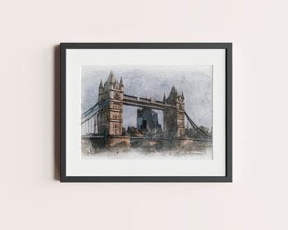 Tower Bridge London England Watercolor Poster-Poster-Yesteeyear