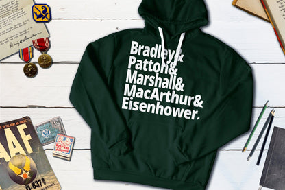 US World War II Generals - Bradley, Patton, Marshall, MacArthur, Eisenhower-Hooded Sweatshirt-Yesteeyear