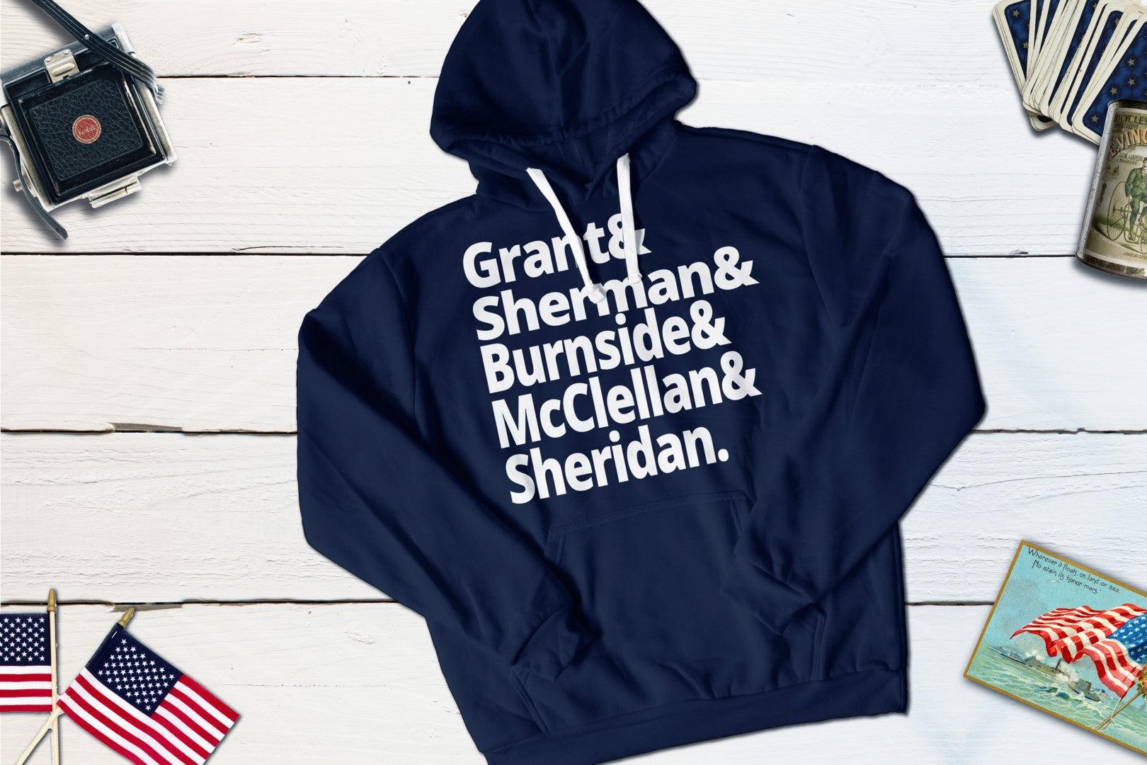 Union Army Generals - Grant, Sherman, Burnside, McClellan, Sheridan - US Civil War-Hooded Sweatshirt-Yesteeyear